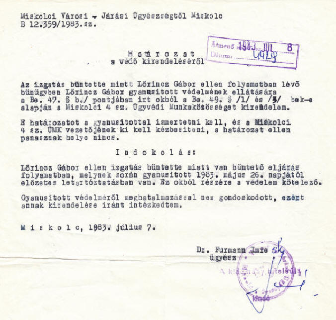 Határozat védő kirendeléséről