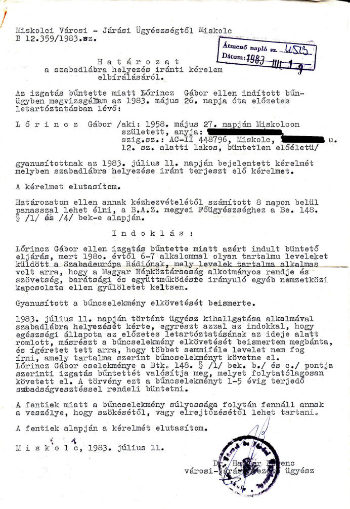 Határozat szabadlábra helyezési kérelem elbírálásáról
